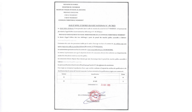 إطلاق طلب  عروض مفتوح لإنجاز أشغال تهيئة السوق الأسبوعي